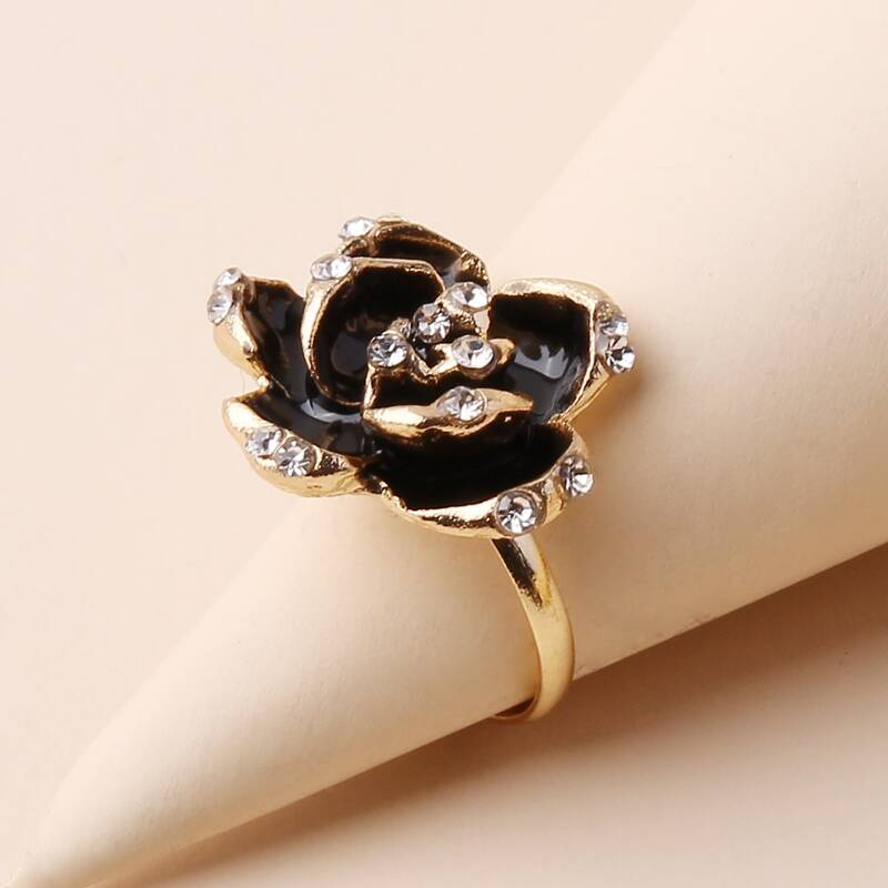

1pc Rhinestone Floral Ring, Black