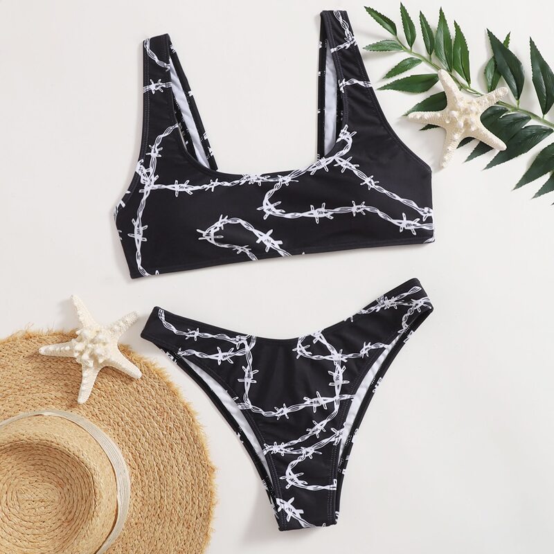 

Graphic Scoop Neck Bikini Swimsuit, Black and white
