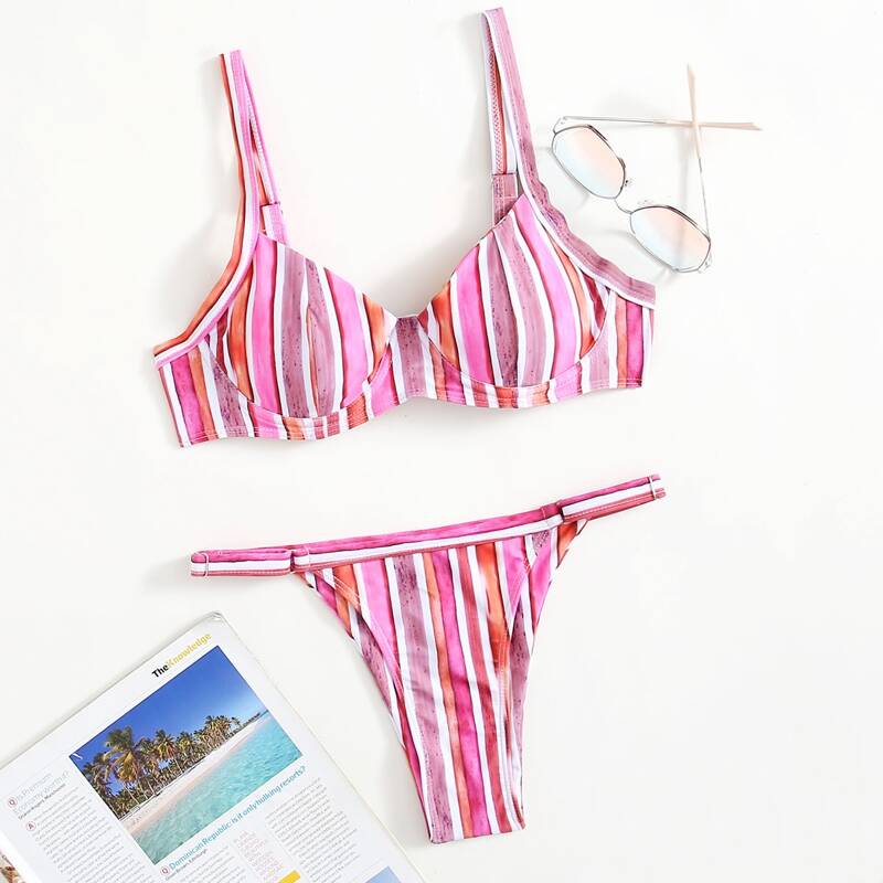 

Stripe Underwire Tanga Bikini Swimsuit, Multicolor