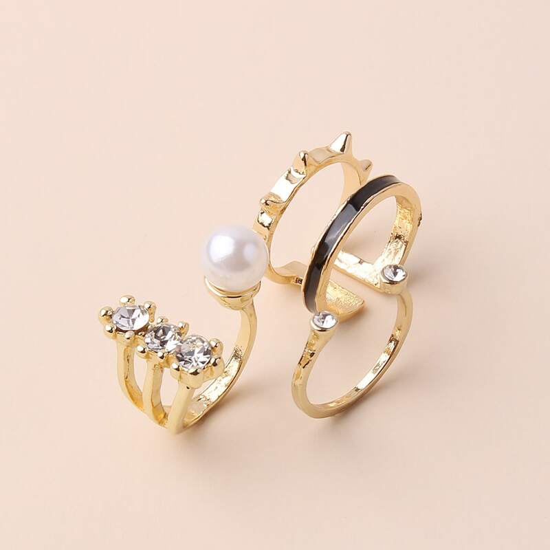 

3pcs Rhinestone & Faux Pearl Ring, Gold