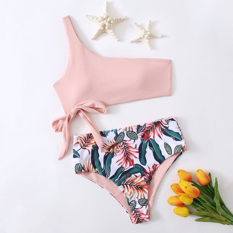 

Leaf Print One Shoulder Bikini Swimsuit, Multicolor