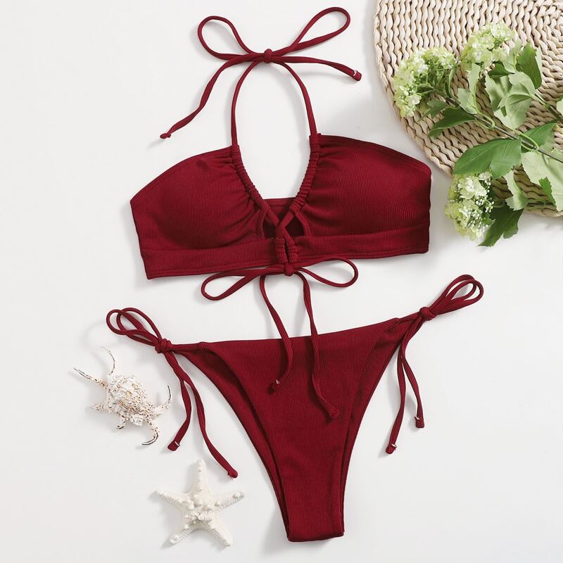 

Lace-up Front Halter Bikini Swimsuit, Burgundy
