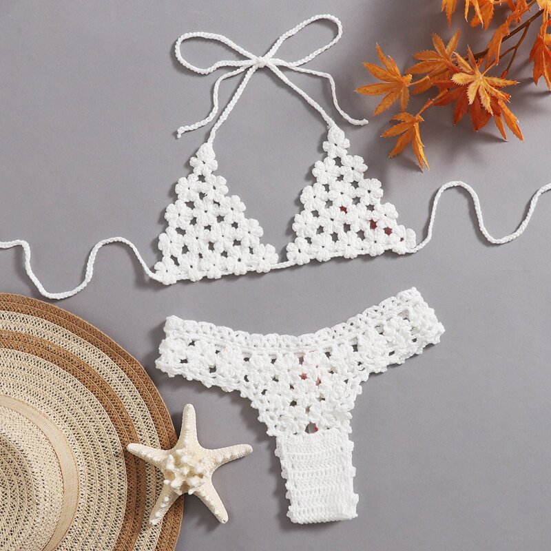 

Floral Crochet Triangle Bikini Swimsuit, White