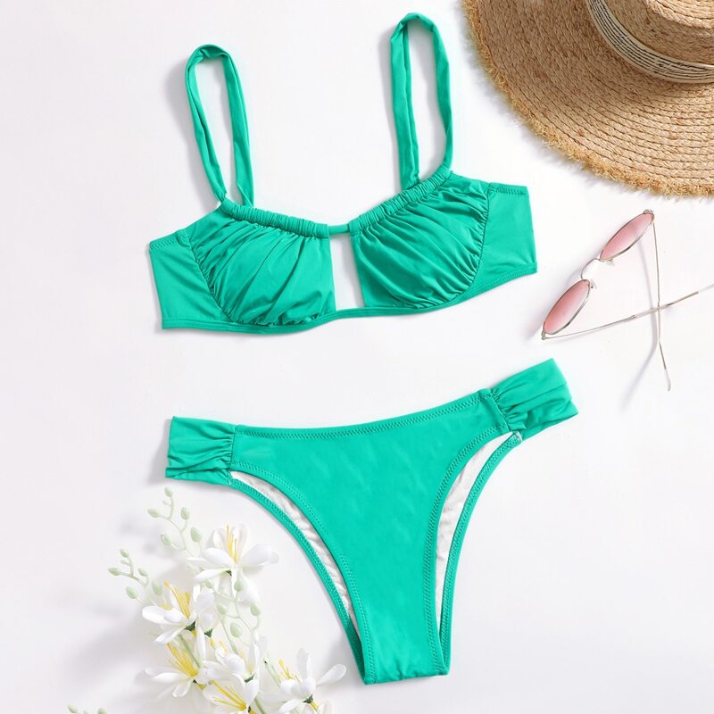 

Ruched Bust Cut-out Bikini Swimsuit, Green