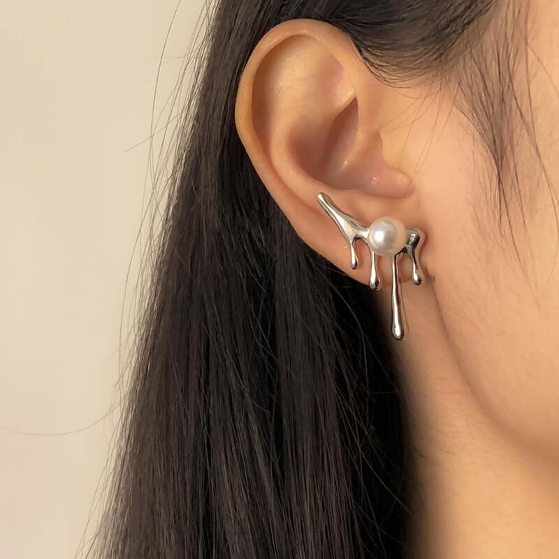 

Faux Pearl Dripping Stud Earrings, Silver
