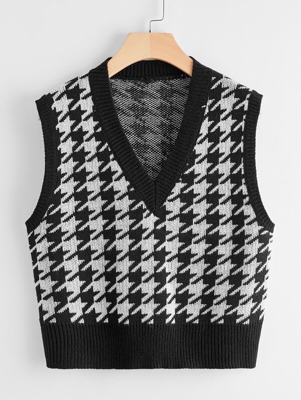 SHEIN Unity V Neck Houndstooth Pattern Sweater Vest