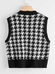 SHEIN Unity V Neck Houndstooth Pattern Sweater Vest - Black and White - View 2