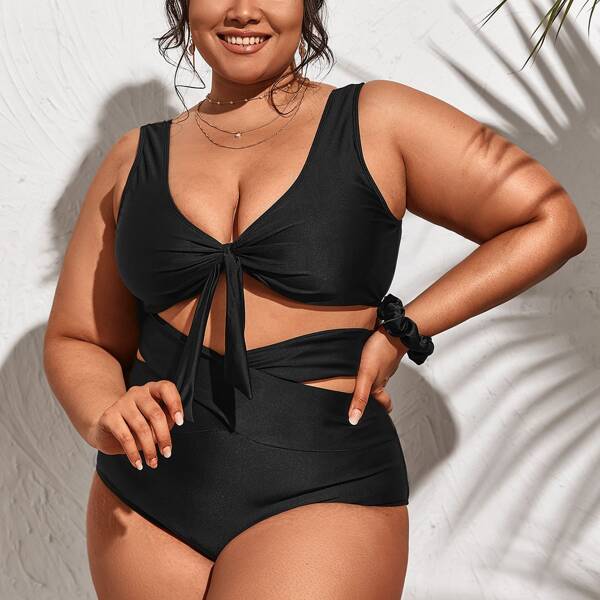 

Plus Cut-out Knot Bikini Swimsuit, Black
