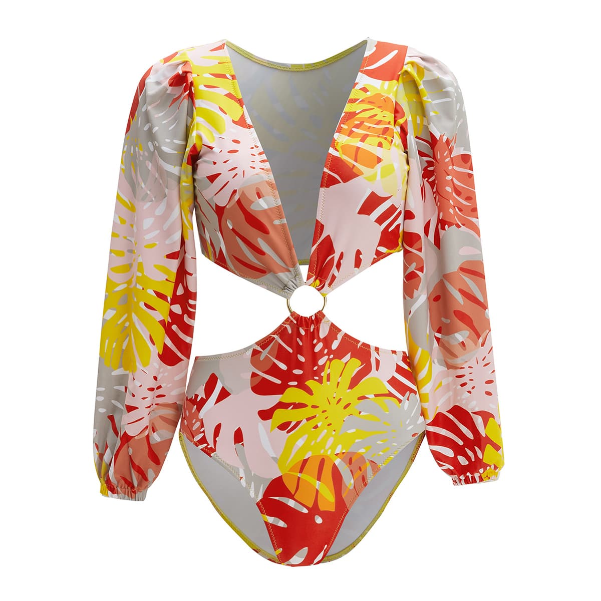 

Tropical Leaf Ring Decor One Piece Swimsuit, Multicolor