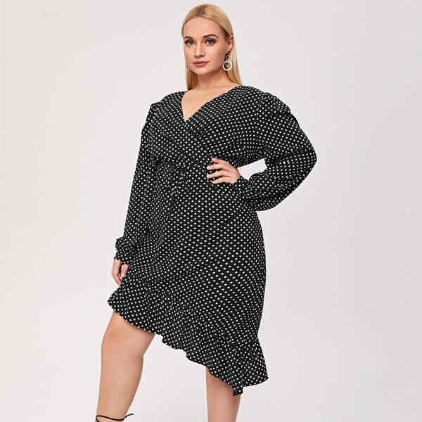 

Plus Asymmetrical Ruffle Hem Belted Polka Dot Dress, Black