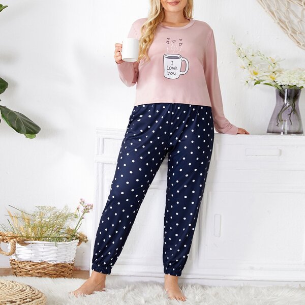 

Plus Cup Print Tee With Polka Dot Pants Pajama Set, Multicolor