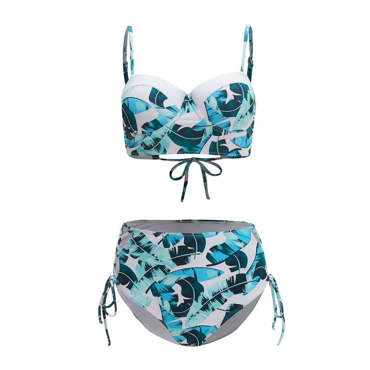 

Tropical Leaf Lace-up Bikini Swimsuit, Multicolor