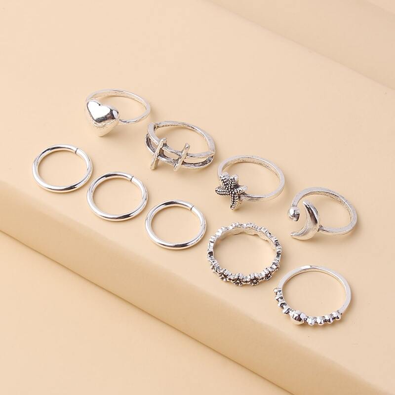 

9pcs Heart & Floral Ring, Antique silver