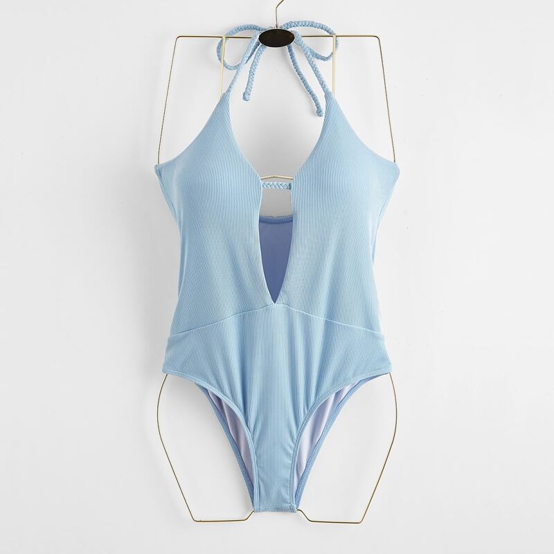 

Ribbed Plunging One Piece Swimsuit, Baby blue