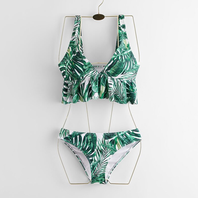 

Tropical Leaf Ruffle Hem Bikini Swimsuit, Green