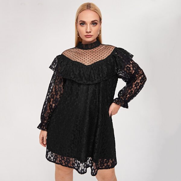 

Plus Contrast Mesh Ruffle Trim Lace Dress, Black