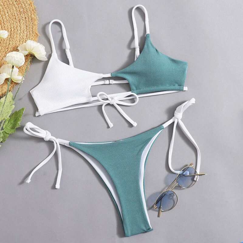 

Two Tone Tie Side Bikini Swimsuit, Multicolor