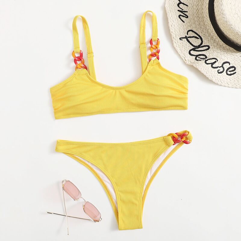 

Ribbed Chain Decor Bikini Swimsuit, Yellow