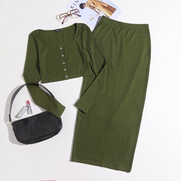 

Button Front Rib-knit Tee and Skirt Set, Army green