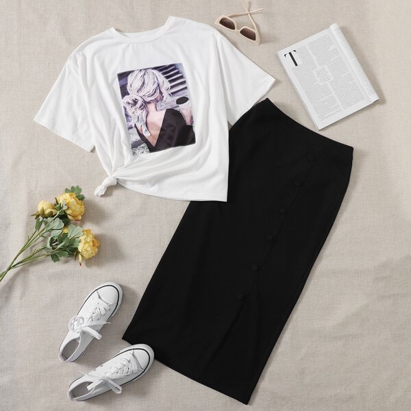 

Figure Graphic Tee & Button Side Skirt Set, Black and white