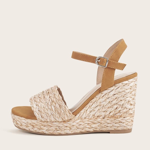 

Straw Band Ankle Strap Wedge Sandals, Camel