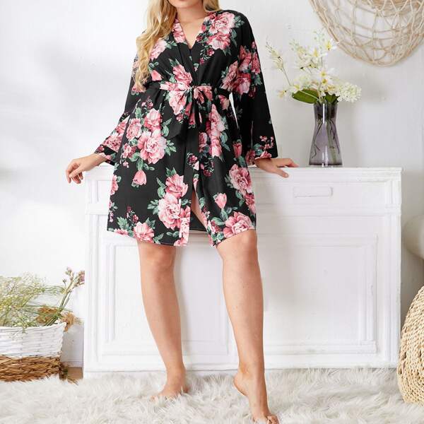 

Plus 1pc All Over Floral Print Belted Night Robe, Multicolor