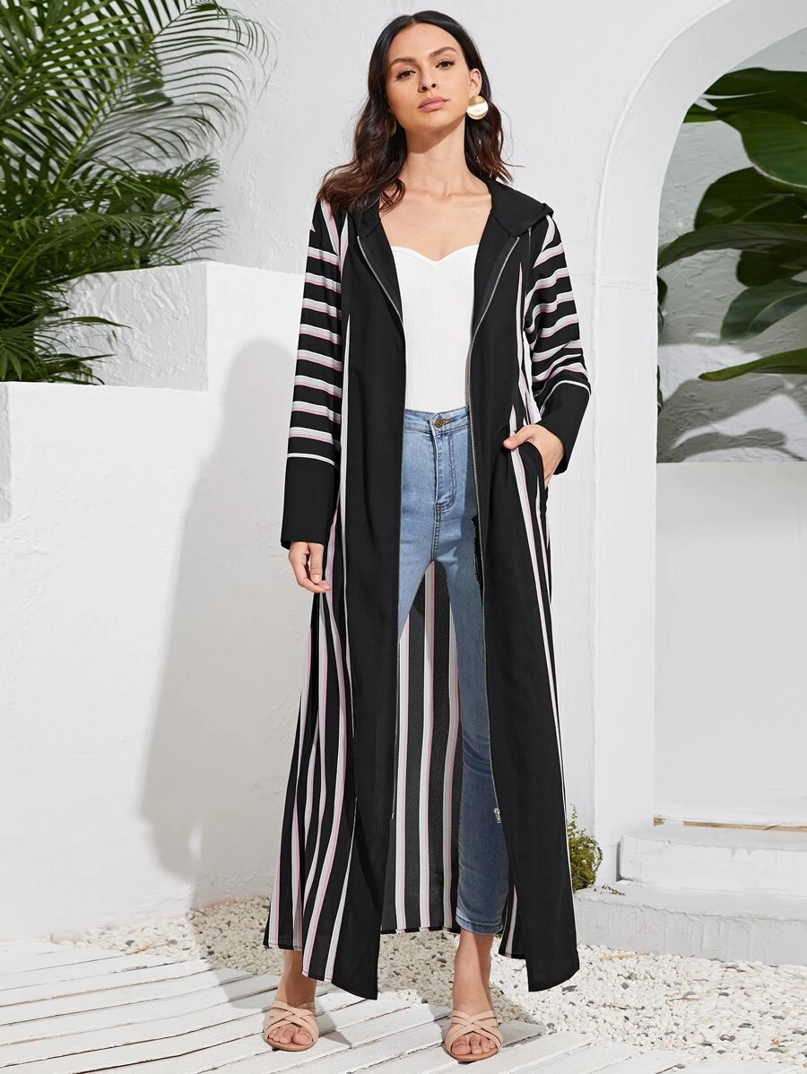 Al Najma Striped Zip Up Hooded Abaya - Black and White - View 1