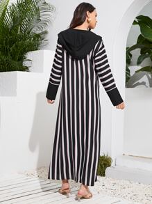Al Najma Striped Zip Up Hooded Abaya - Black and White - View 2