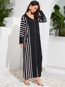 Al Najma Striped Zip Up Hooded Abaya - Black and White - View 3