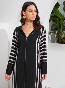 Al Najma Striped Zip Up Hooded Abaya - Black and White - View 5