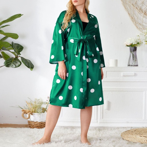 

Plus Satin Polka Dot Belted Night Robe, Green