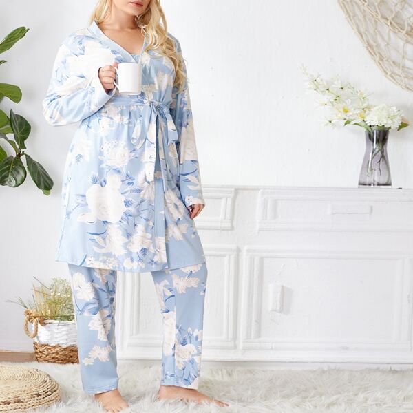 

Plus All Over Floral Print Cami PJ Set With Belted Robe, Blue and white