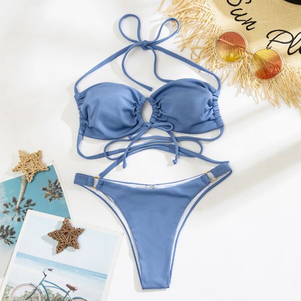 

Rib Tie Front Bandeau Bikini Swimsuit, Pastel dusty blue