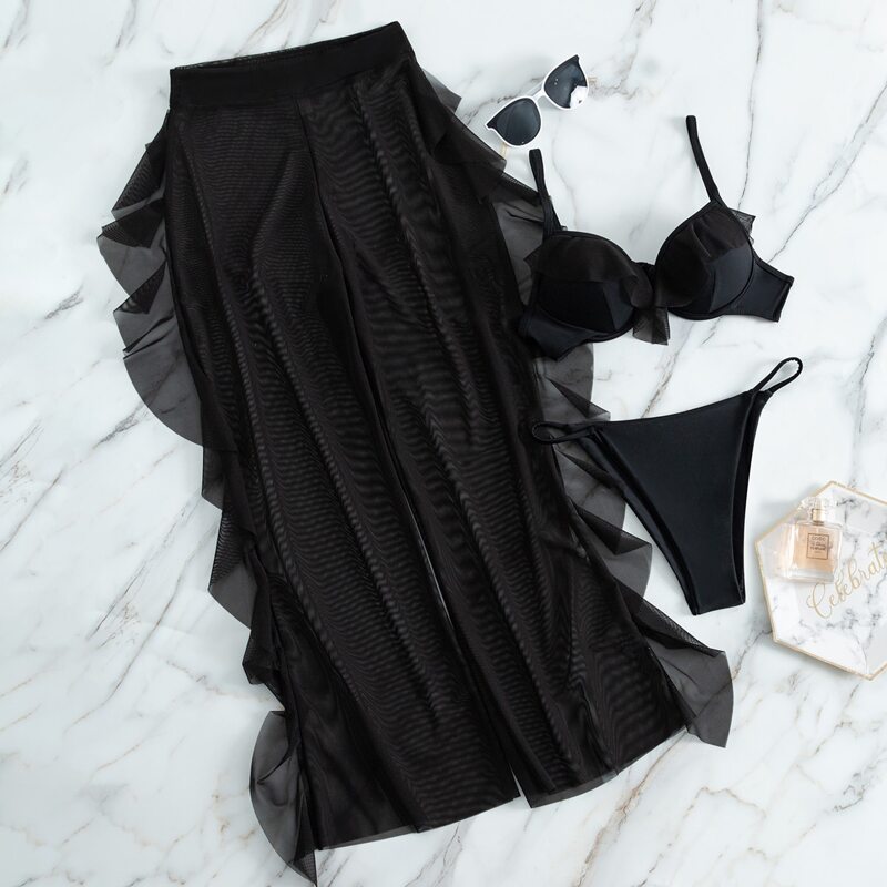 

Push Up Thong Bikini Swimsuit With Cover Up Pants, Black