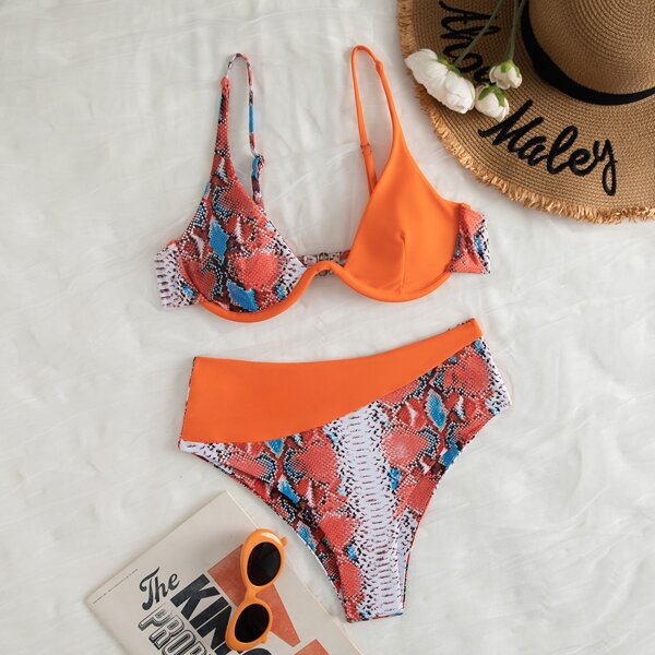 

Snakeskin Underwire High Waisted Bikini Swimsuit, Multicolor