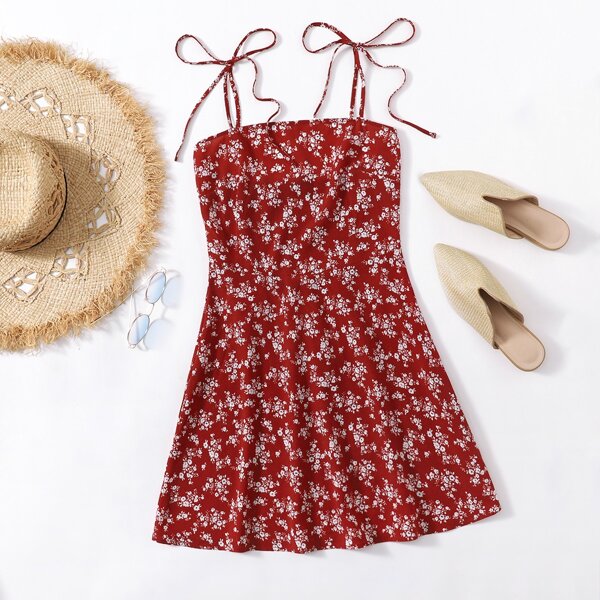 

Knot Shoulder Shirred Back Ditsy Floral Slip Dress, Burgundy
