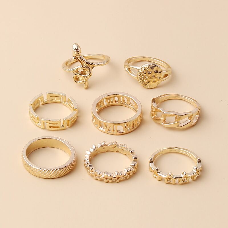 

8pcs Snake & Star Scallop Ring, Gold