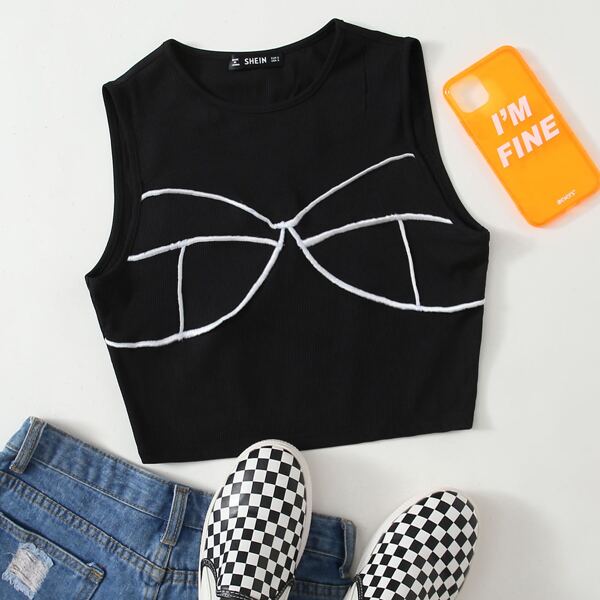 

Embroidery Tape Rib-knit Tank Crop Top, Black
