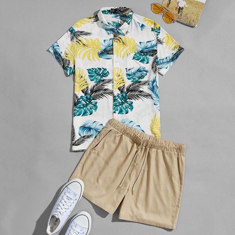 

Guys Tropical Print Shirt & Drawstring Shorts Set, Multicolor
