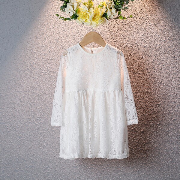 

Toddler Girls Lace Keyhole Back Babydoll Dress, White