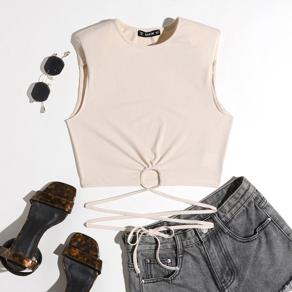 

Shoulder Pad Drawstring Crisscross Knot Tank Top, Beige