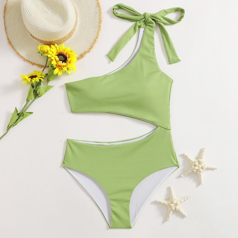

Cut-out One Shoulder One Piece Swimsuit, Green
