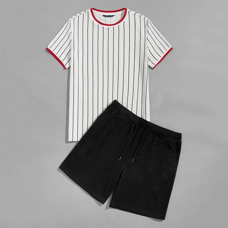 

Guys Striped Contrast Binding Tee & Drawstring Shorts Set, Black and white