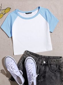Muchica Raglan Sleeve Two Tone Crop Top - White - View 1