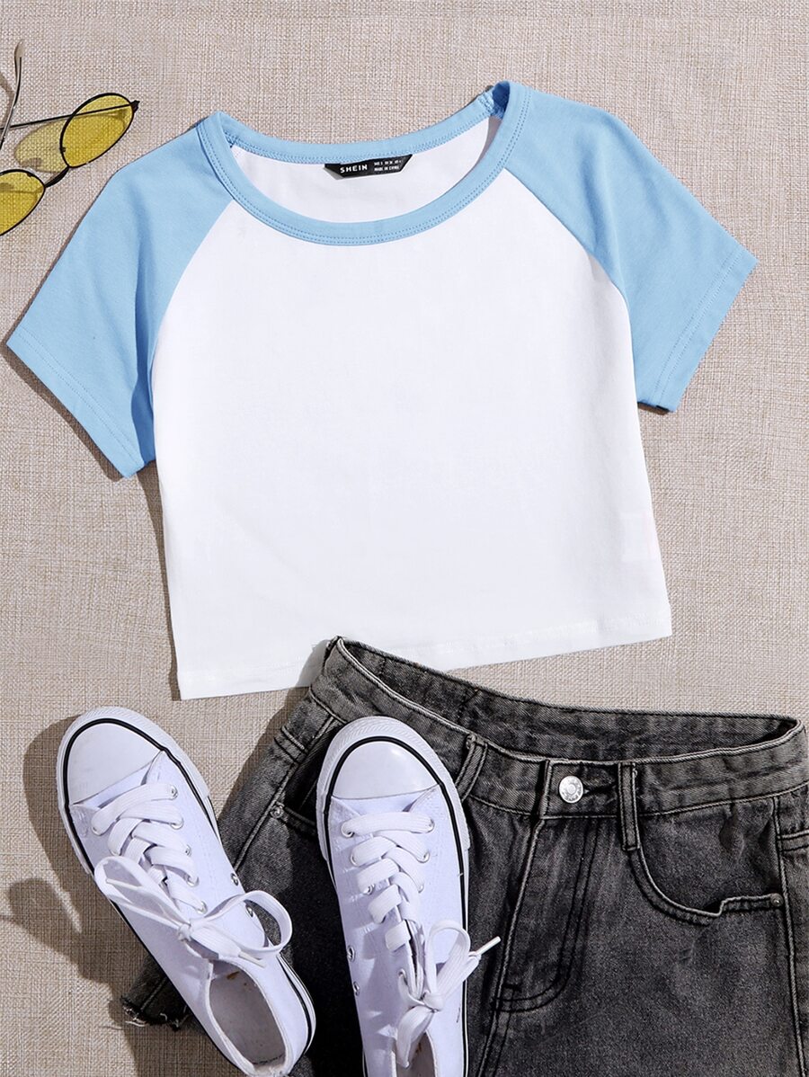 Muchica Raglan Sleeve Two Tone Crop Top - White - View 1