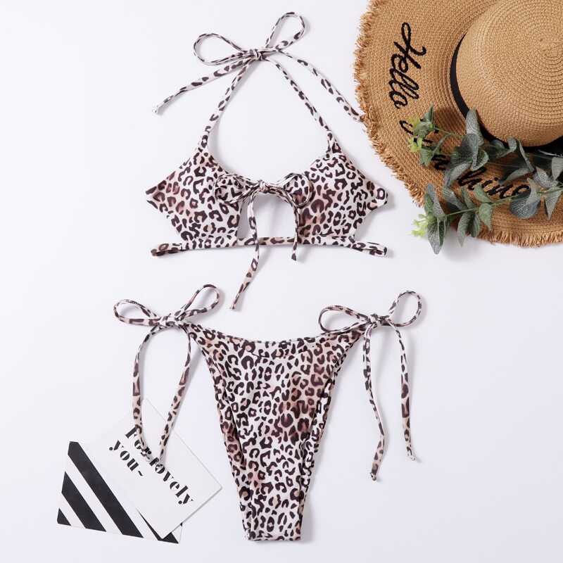 

Leopard Tie Side Bikini Swimsuit, Coffee brown