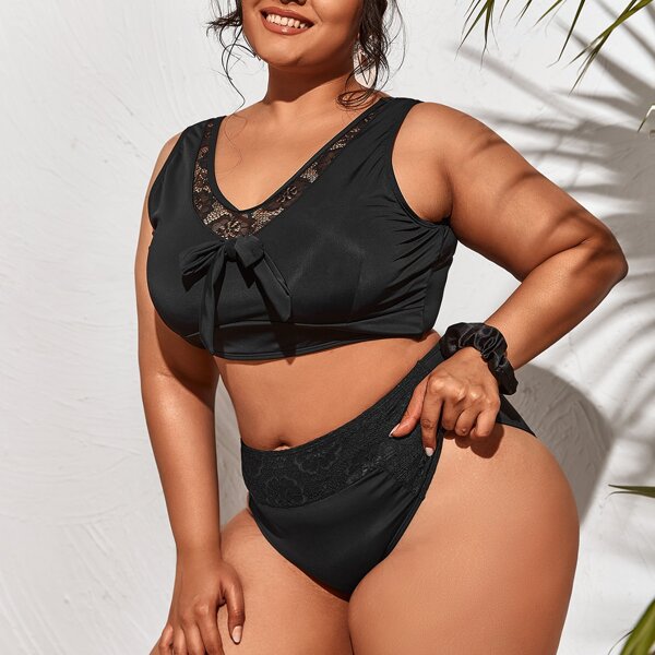 

Plus Contrast Lace Knot Bikini Swimsuit, Black