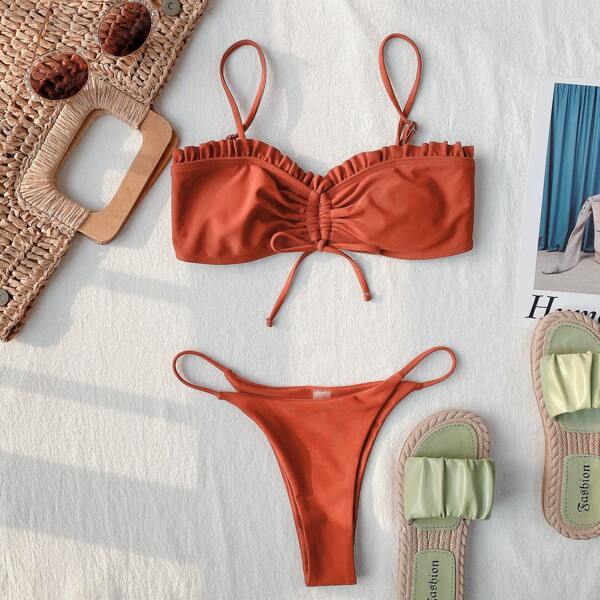 

Rib Frill Trim Thong Bikini Swimsuit, Rust brown