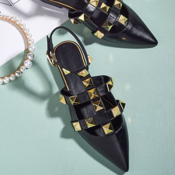 

Studded Decor Ankle Strap Flats, Black