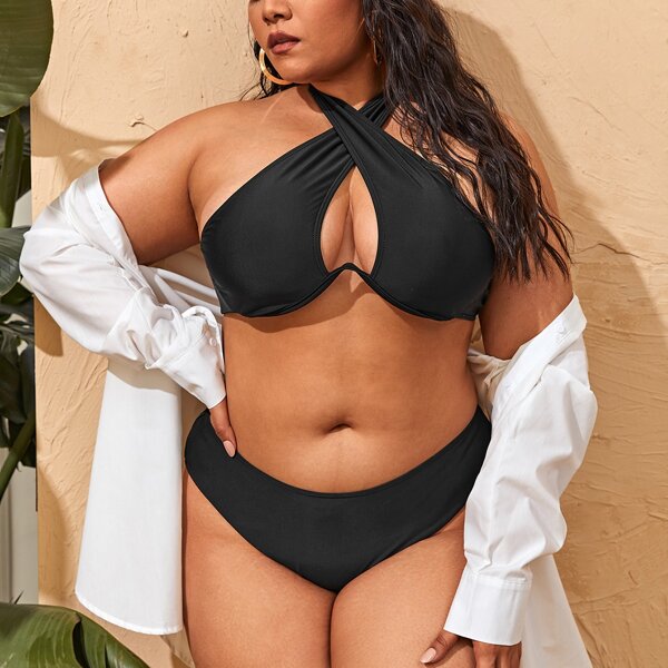 

Plus Cross Halter Underwire Bikini Swimsuit, Black